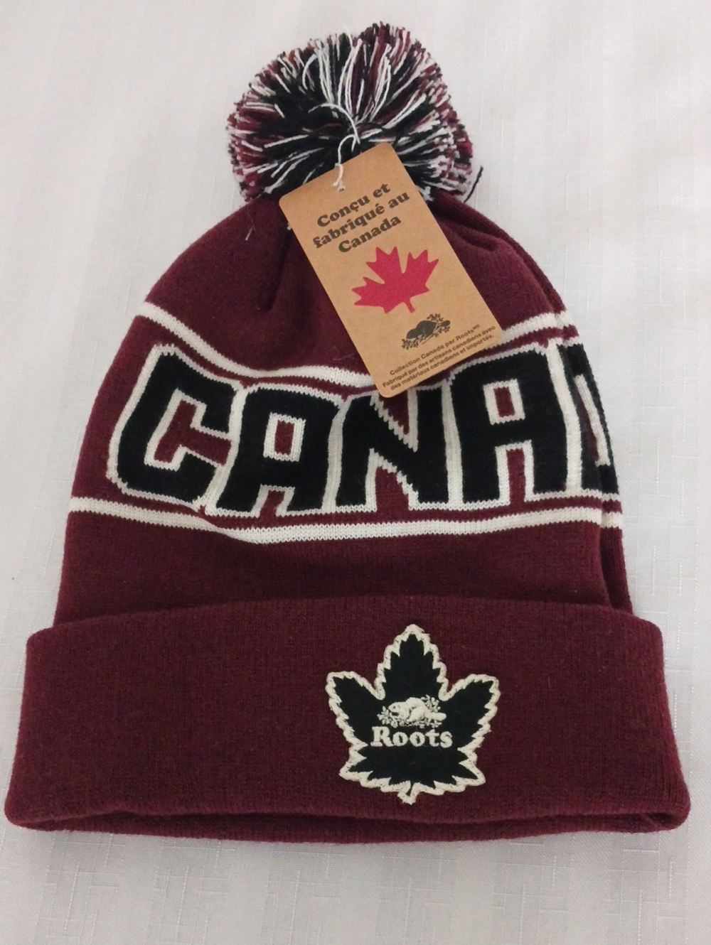 Roots Purple Canada Knit Pom Beanie with Black & White Accents